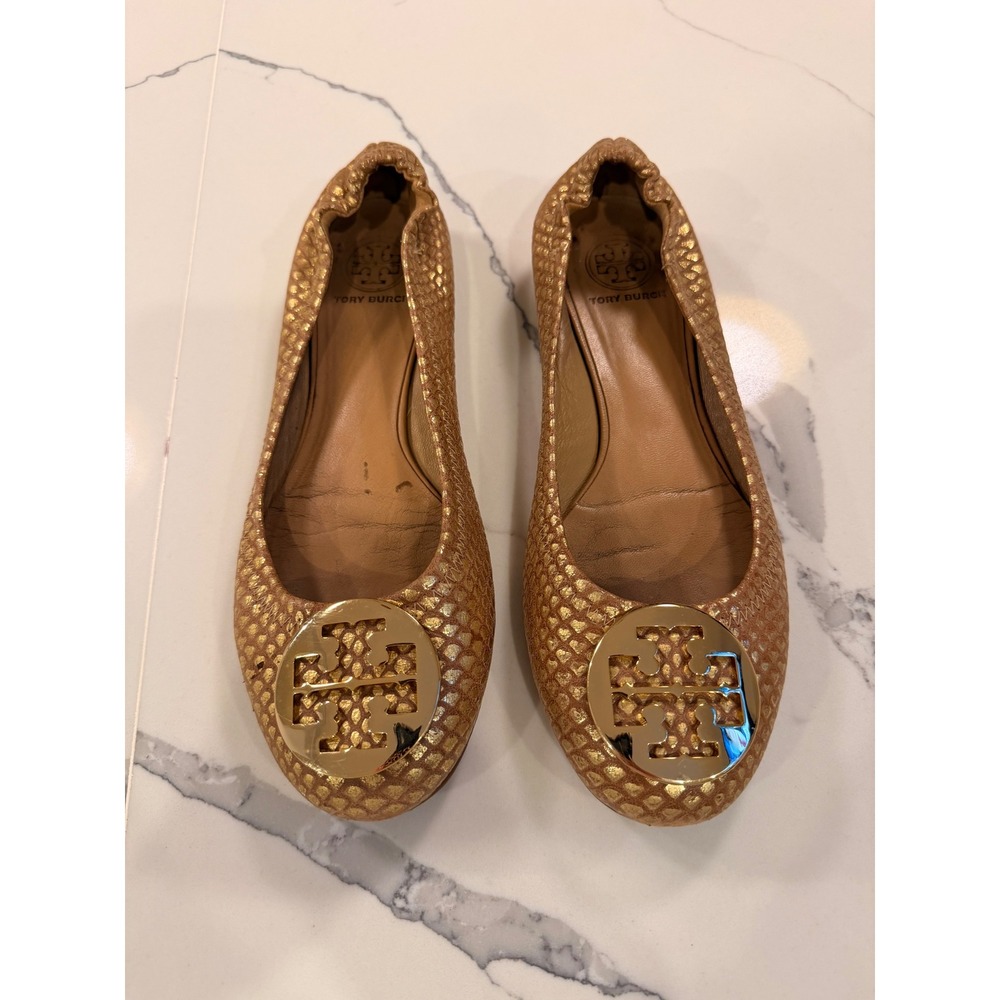 Tory Burch Metallic Gold Snakeskin Reva Ballet Flats Logo Medallion Womens 8‎